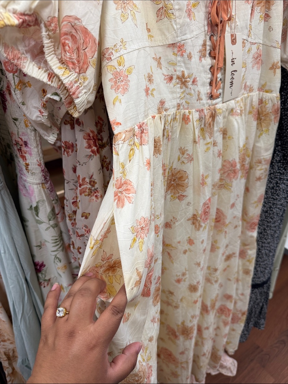 Women’s Floral Maxi Dress with Lace-Up Front - Cream & Coral - Picture 3 of 4